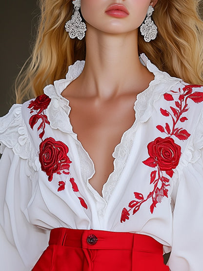 Retro Elegant Fashionable Rose Embroidery Puff Sleeve Shirt