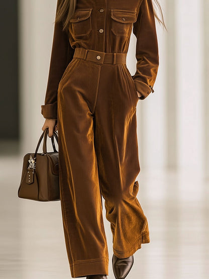 Casual Loose Retro Corduroy Multi-Pocket Long Sleeve Jumpsuit