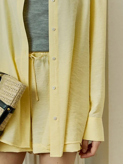 Casual Simple Loose Yellow Shirt Shorts Set