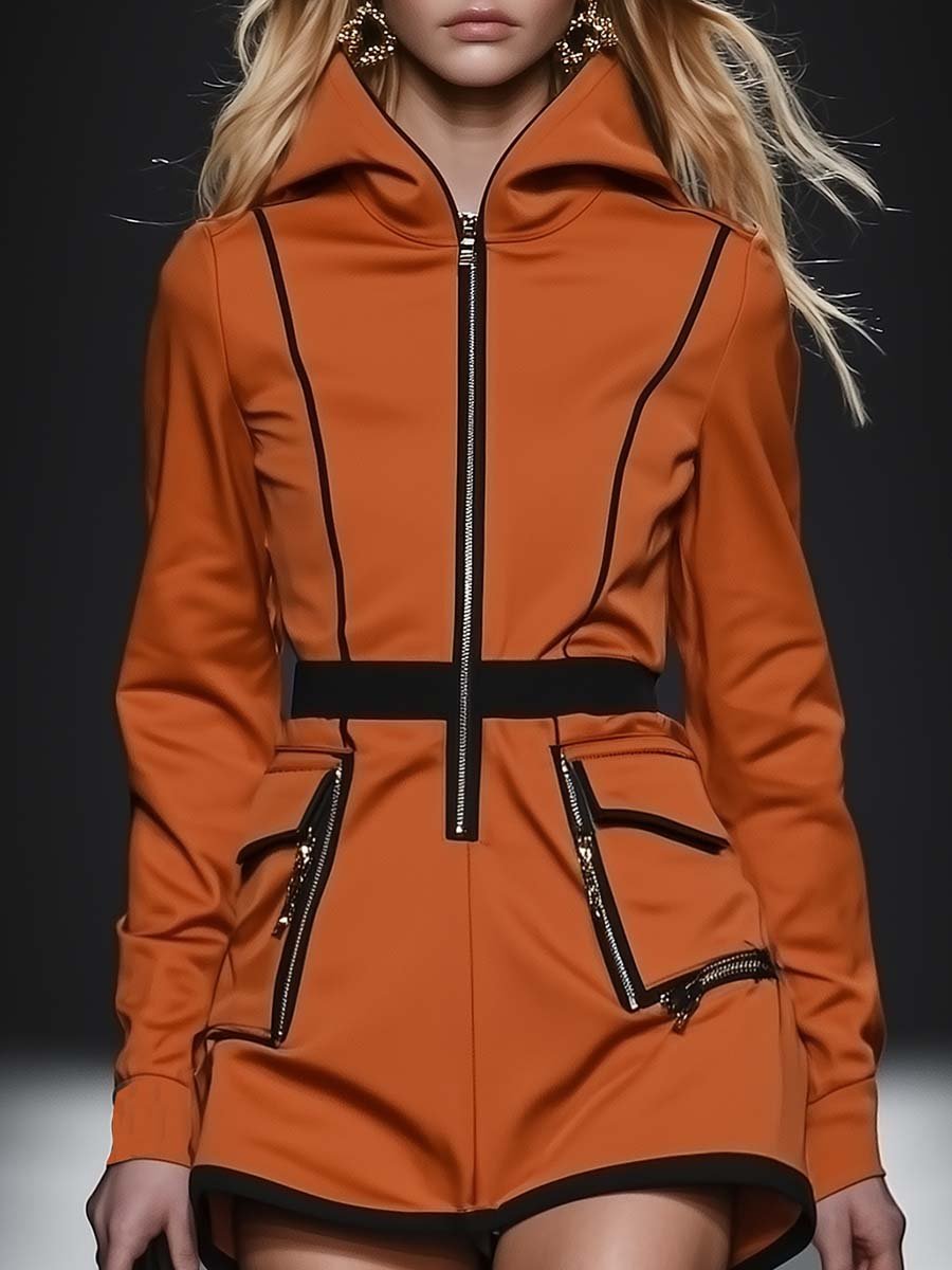 Fashion Workwear Hooded Zipper Ginger Coat Style Mini Dress