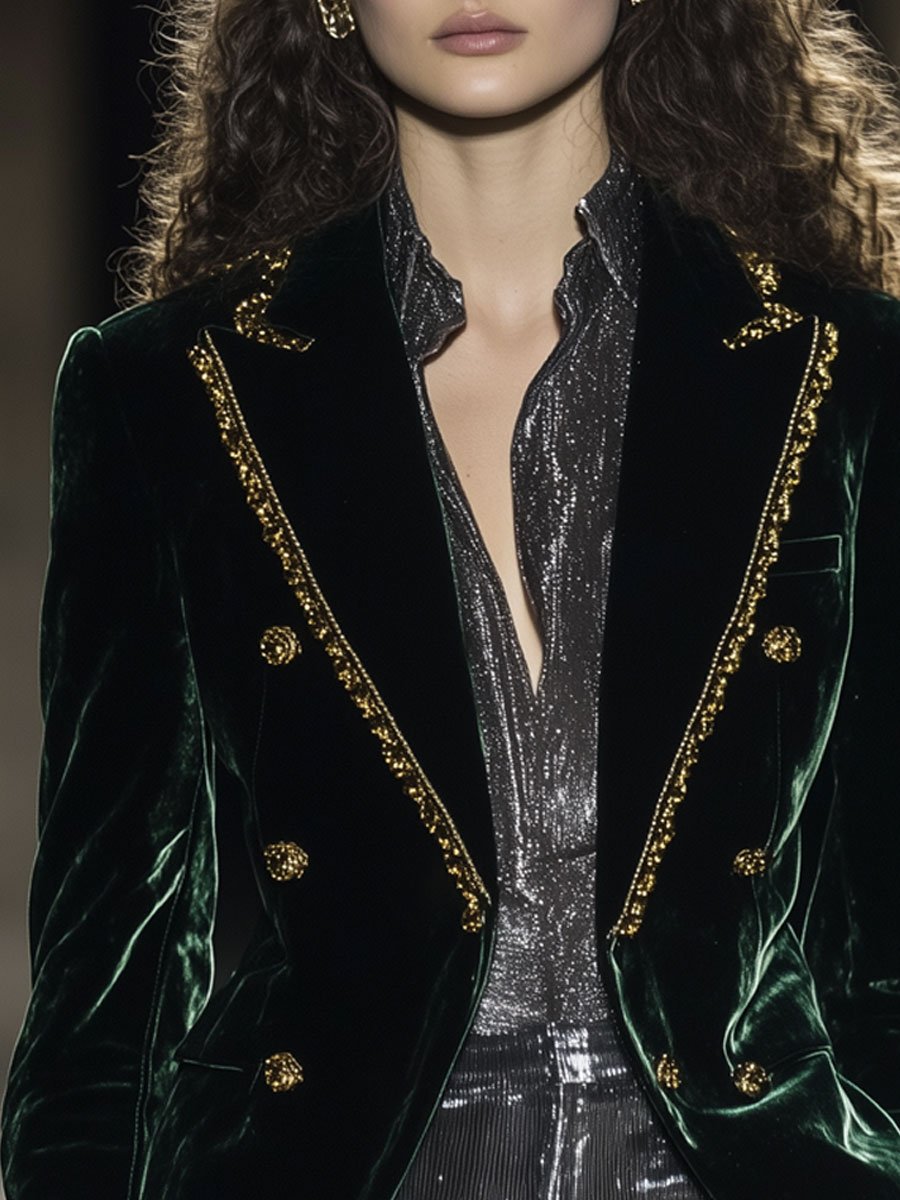 Casual Loose Velvet Lapel Gold-Trimmed Double-Breasted Blazer