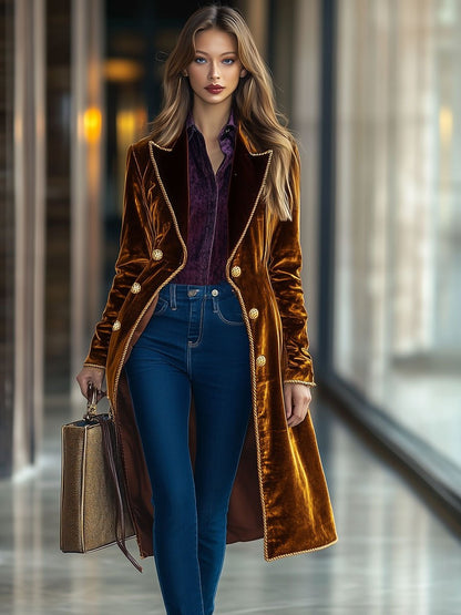 Casual Loose Retro Velvet Gold-Rimmed Lapel Double-Breasted Coat