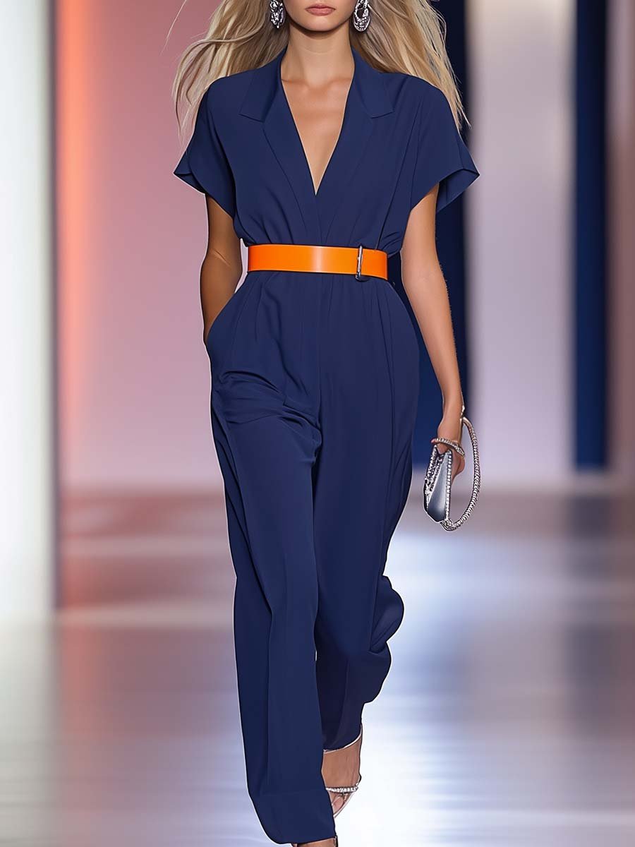 Fashionable and Simple V-neck Orange Belt Indigo Jumpsuit