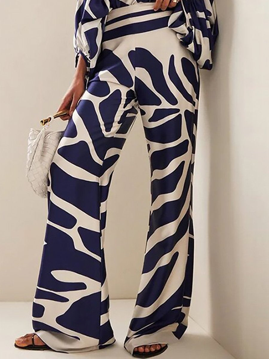 Fashion Casual Printed Loose Bat Sleeve Waist Wide Leg Pants Set