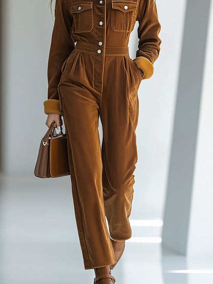 Casual Loose Retro Corduroy Lambskin Stitching Long-Sleeved Jumpsuit