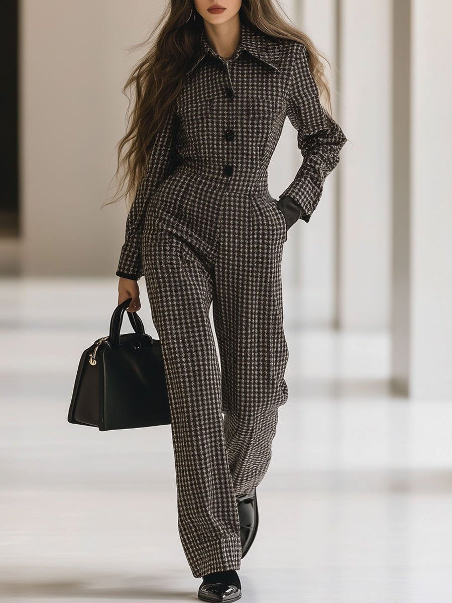 Casual Loose Retro Wool Houndstooth Long Sleeve Jumpsuit