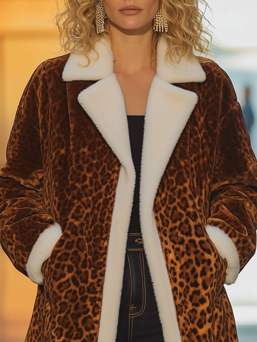 Casual Loose Retro Velvet Leopard Print Lamb Wool Patchwork Coat