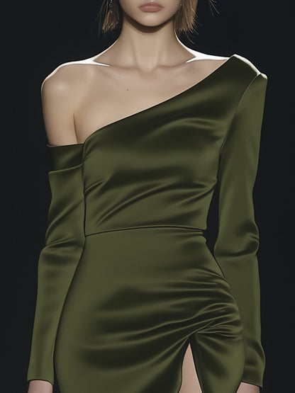 Fashion Slim Dark Green Off-shoulder Slit Satin Mini Dress