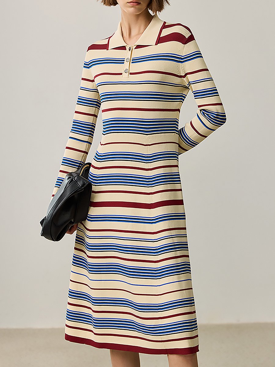 Casual Loose Retro Striped Mid-Length Polo Dress