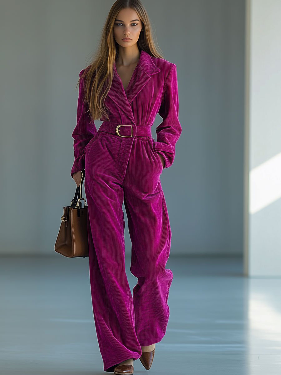 【24-hour shipping out】Casual Loose Retro Solid Color Corduroy Lapel Tie Long Sleeve Jumpsuit