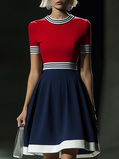 Fashion Round Neck Waist A-line Red Navy Blue Contrast Color Mini Dress