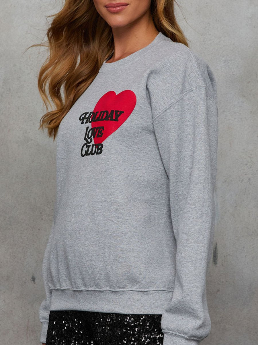 Casual Loose Heart Printed Grey Pullover Sweatshirt