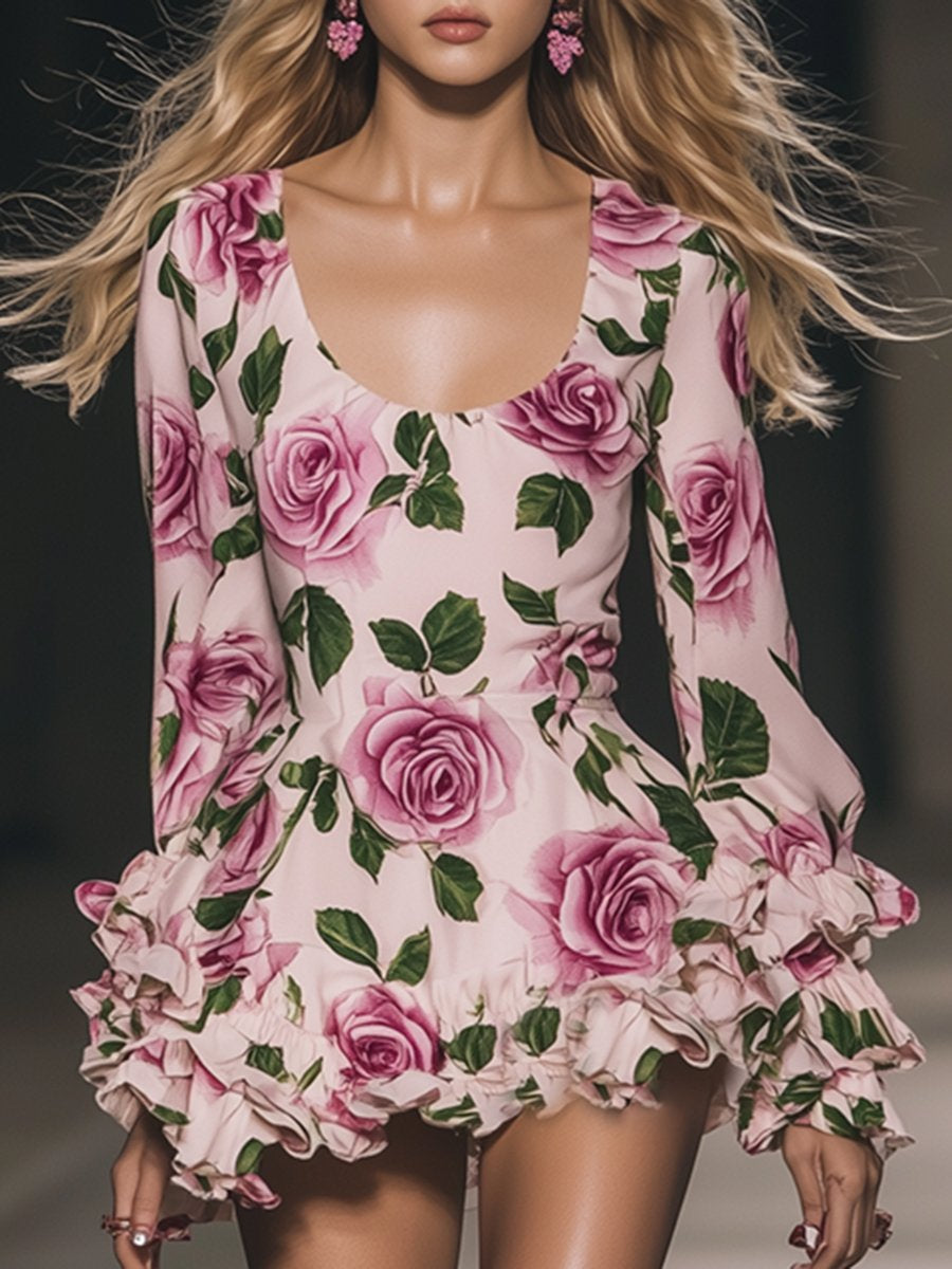 Delicate And Romantic Ruffled Skirt Pink Rose Print Mini Dress