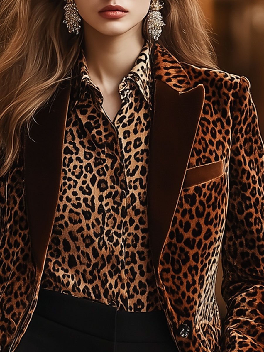 【24-hour shipping】Casual Loose Retro Velvet Leopard Print Collar Blazer