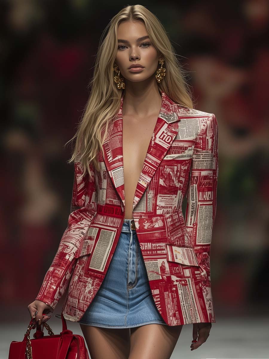 Stylish Personalized Newspaper Print Red Blazer