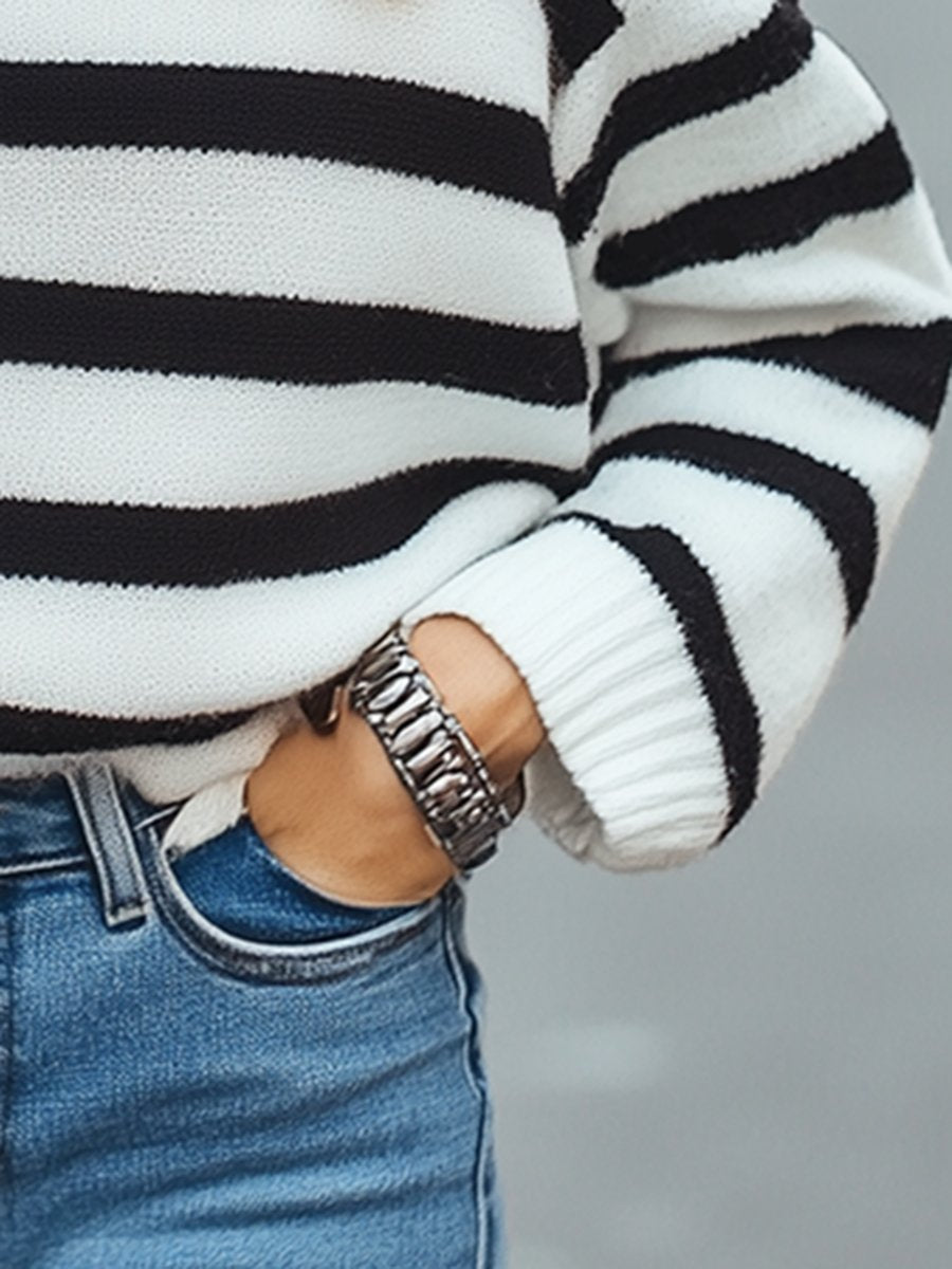 Casual Loose Round Neck Black And White Contrast Striped Sweater