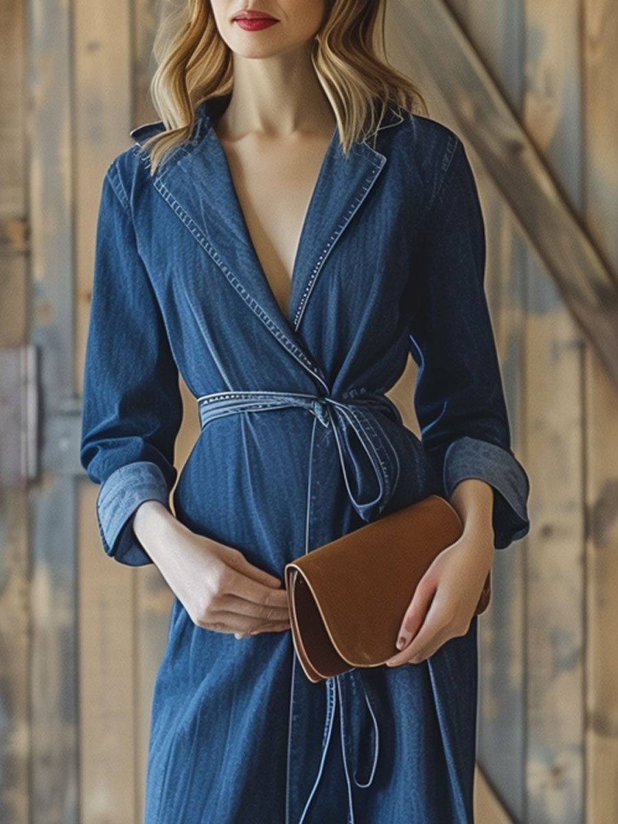 Lapel Casual Loose Belted Denim Long Sleeve Shirt Midi Dress