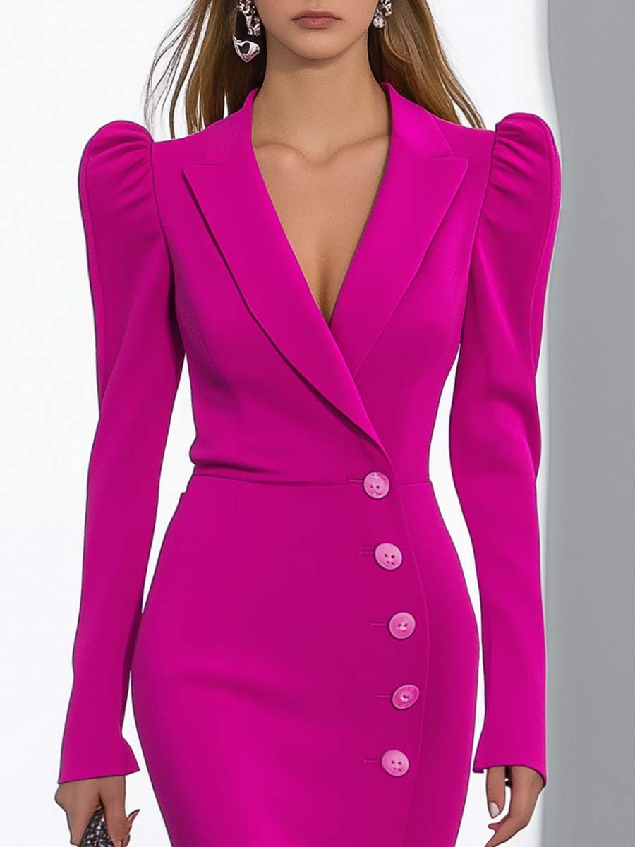 Elegant and Fashionable V-neck Puff Sleeve Bright Pink Slim Fit Midi Dress