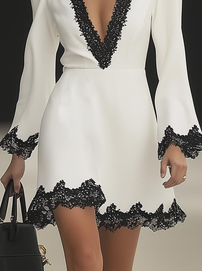 Elegant Black Lace Trim V-Neck White Long Sleeve Mini Dress