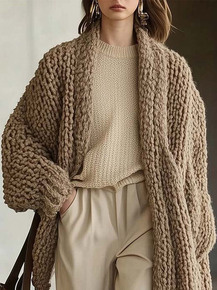 Fashion Retro Open Collar Pocket Mid-length Knitted Cardigan