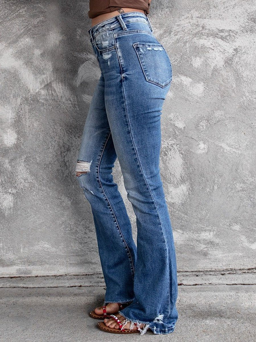 Casual Ripped High Waist Vintage Stretch Slim Flared Jeans