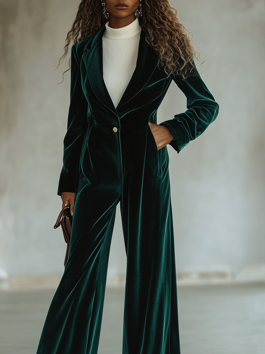 Casual Loose Retro Solid Color Velvet Lapel Wide Leg Jumpsuit