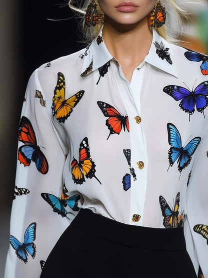 Elegant and Flowing Butterfly Print White Chiffon Shirt