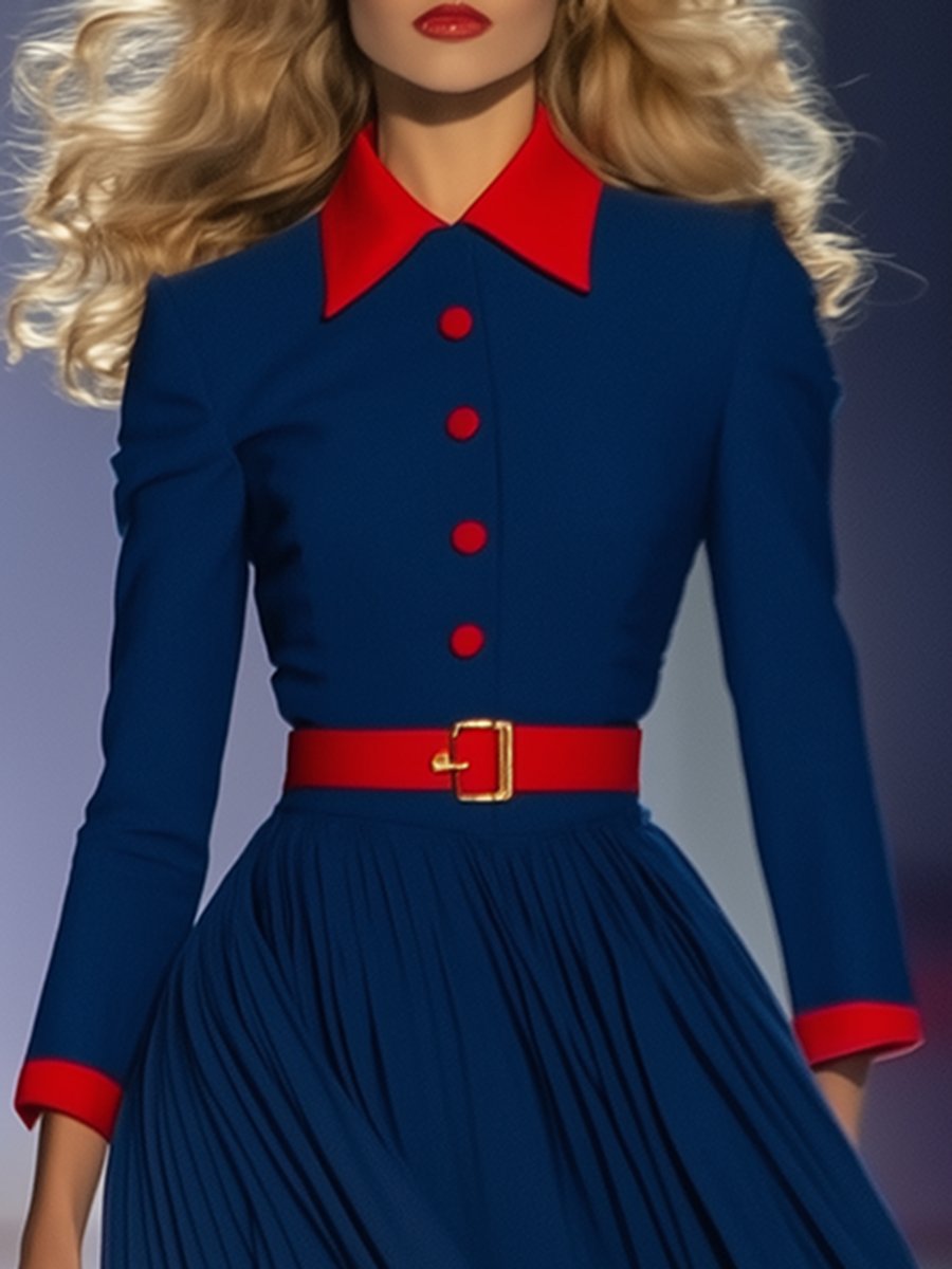 Retro Elegant Fashionable Red and Blue Contrast Midi Dress