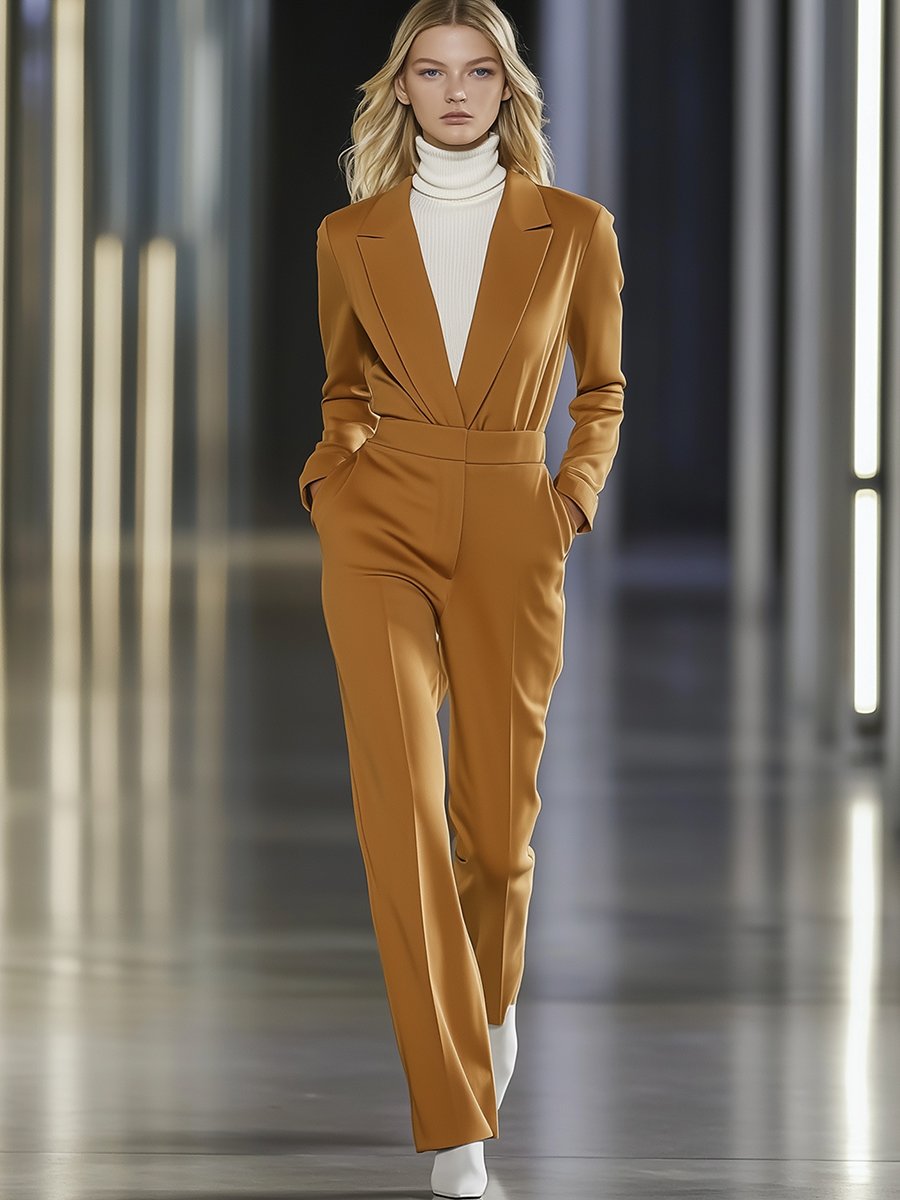 Elegant Suit-cut Lapel Long-Sleeved Jumpsuit