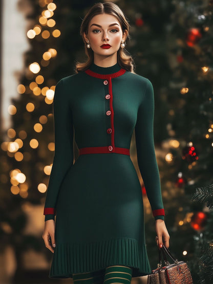 Fashion Retro Green And Red Woolen Round Neck Button Long Sleeve Mini Dress