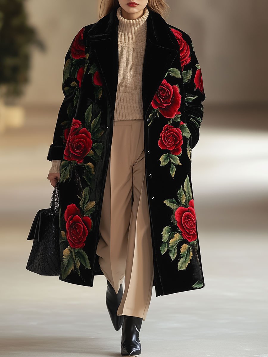 Casual Loose Vintage Velvet Rose Print Lapel Pocket Midi Coat