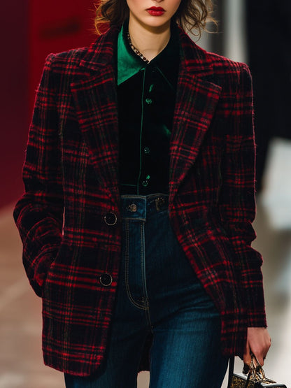 Casual Loose Retro Lapel Ankola Red Plaid Woolen Suit Coat