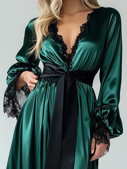 Elegant Satin Robe-Style Lace Trim Long Sleeve Maxi Dress