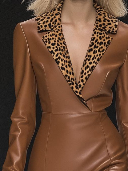 Elegant Classic Leopard Lapel Brown Leather Long Sleeve Mini Dress