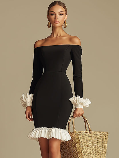 Fashion Party Black Dress White Ruffled Fishtail Long Sleeve Mini Dress