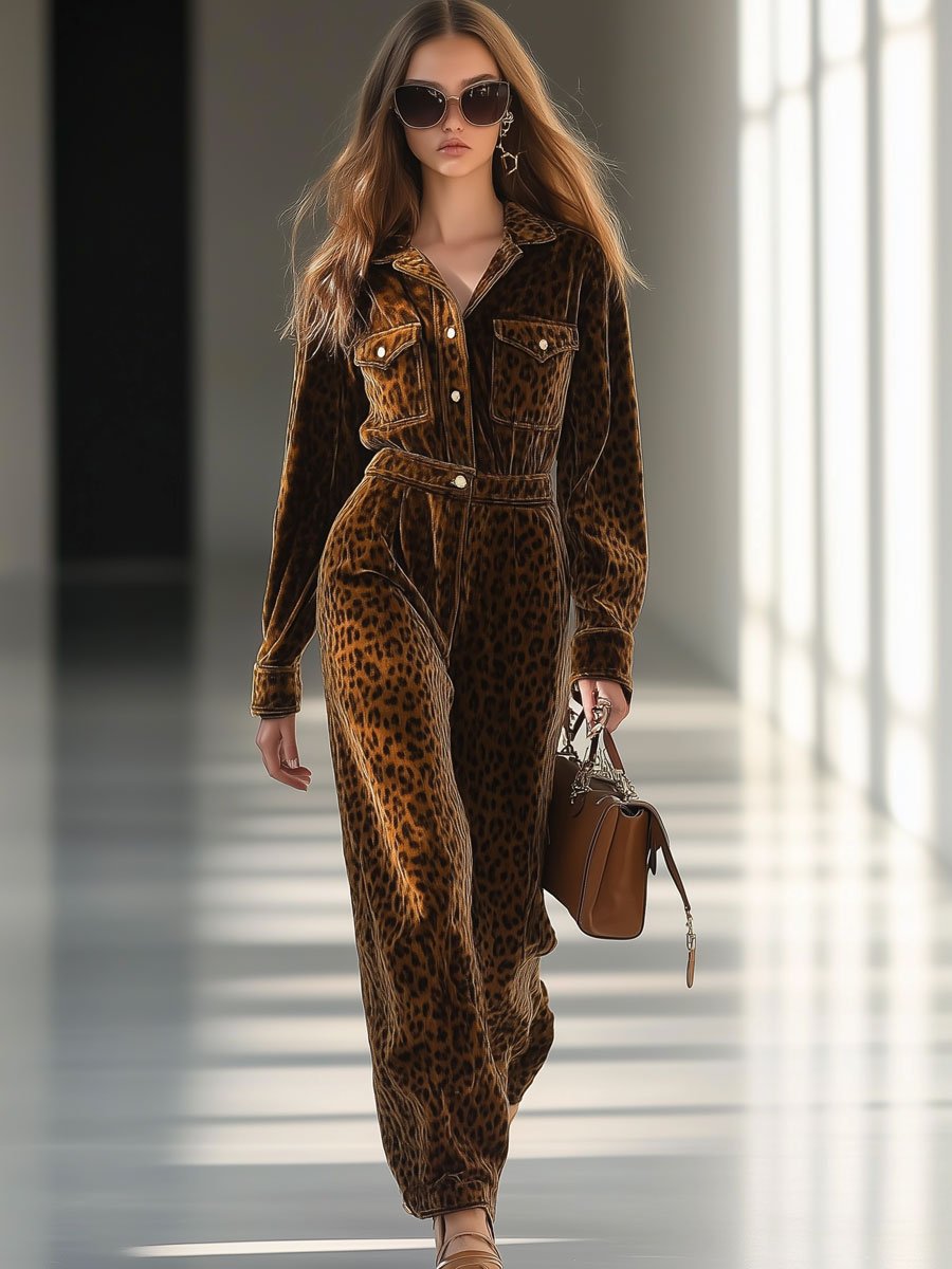 Casual Loose Retro Velvet Leopard Print Multi-Pocket Long Sleeve Jumpsuit