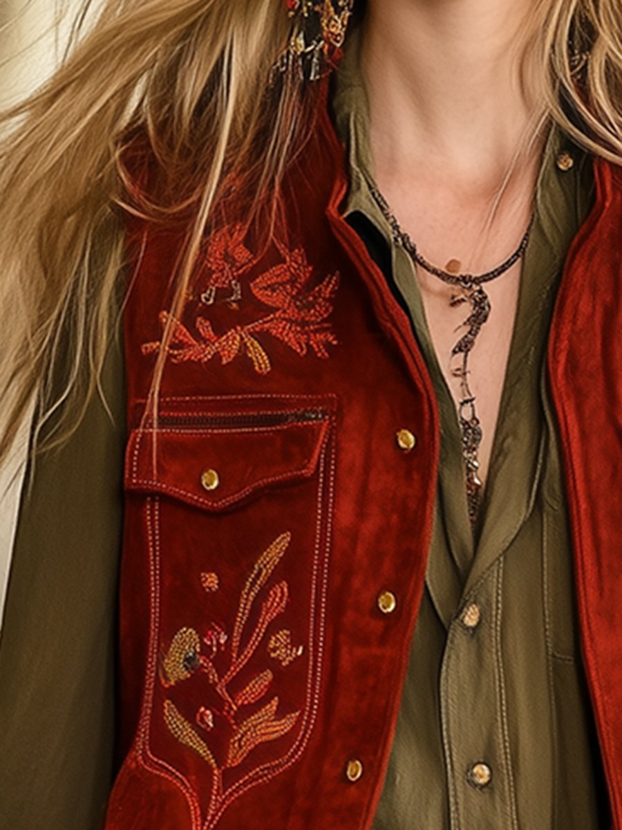 Retro And Stylish Western Style Embroidered Red Suede Vest