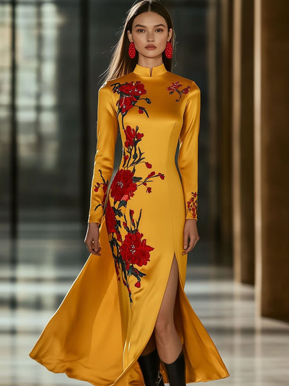 Fashion Retro Floral Embroidery Gold Satin Slit Long Sleeve Maxi Dress