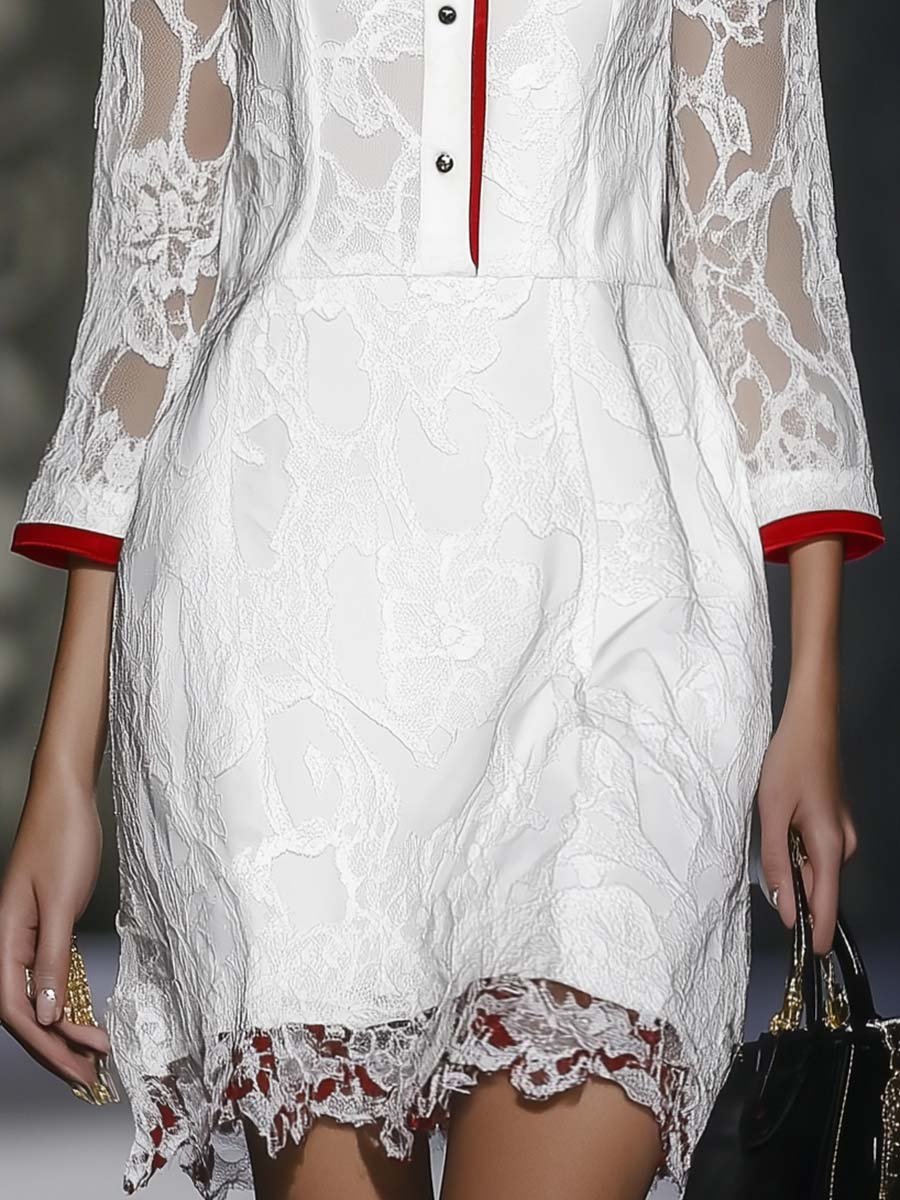 Fashionable 3/4 Sleeves Red Contrast White Lace Mini Dress