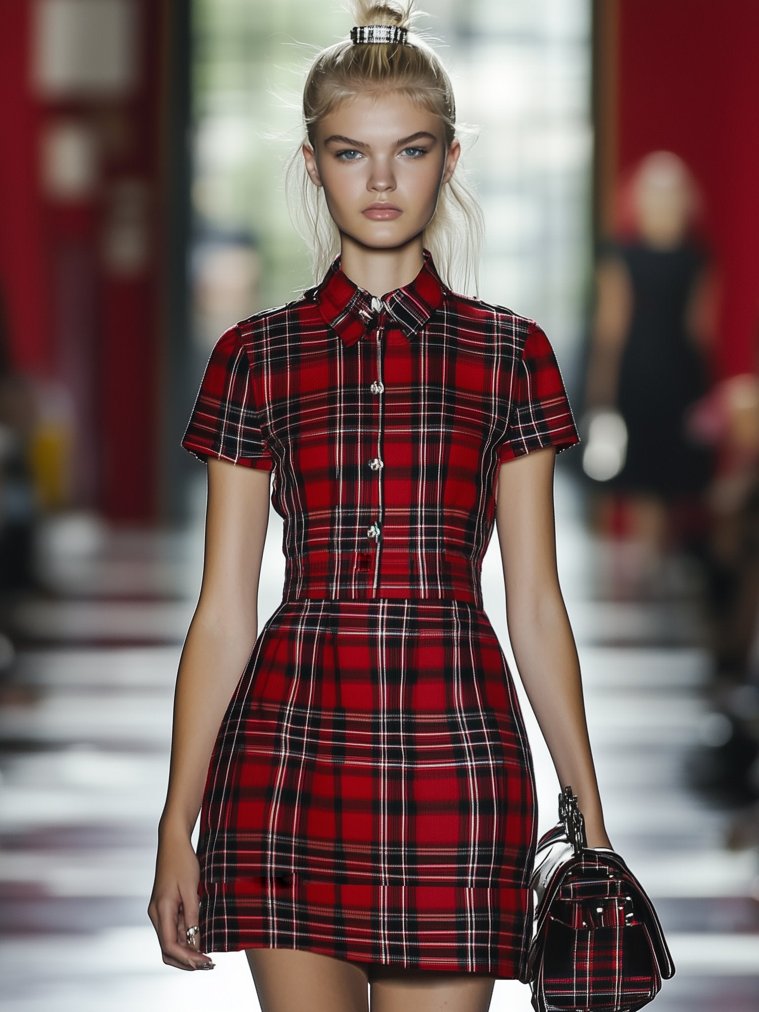 Retro Glamour Red Plaid Short Sleeve Mini Dress