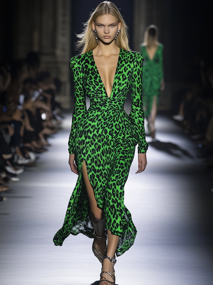 High-End Fashionable V-Neck Slit Green Leopard Print Midi Dress