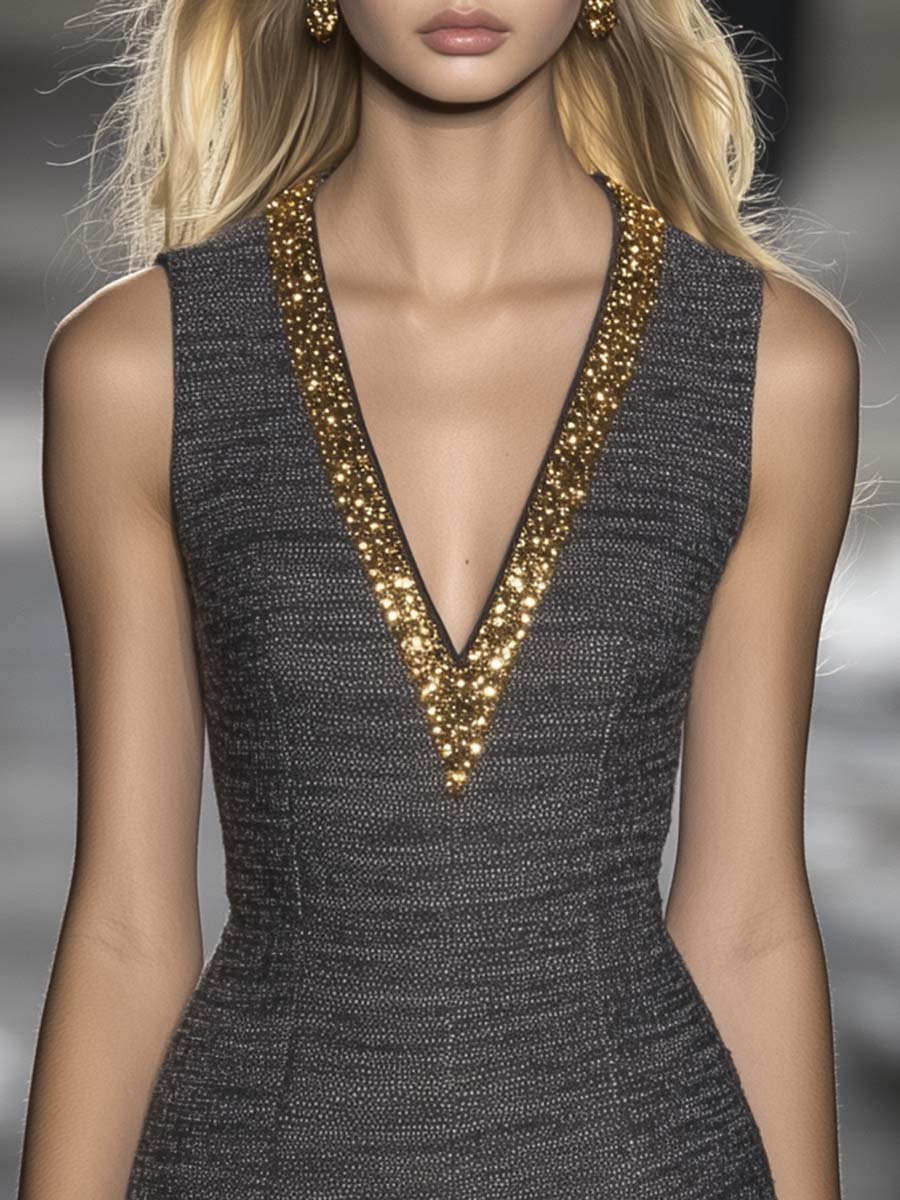 Fashionable and Elegant Sleeveless V-neck Gold Trim Mini Dress