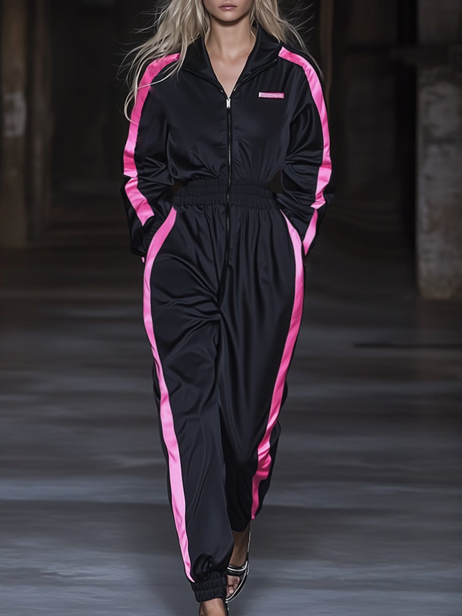 Sporty Stripe Long Sleeve Zipper Jumpsuit