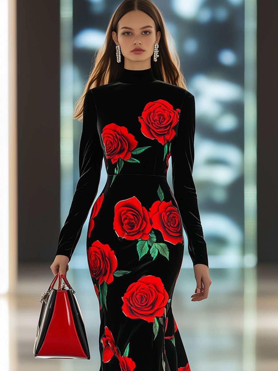 Fashion Retro Black Velvet Red Rose Print Long Sleeve Maxi Dress