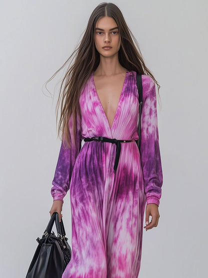 Fashion Holiday Pink Tie-Dye V-Neck Long-Sleeved Maxi Dress