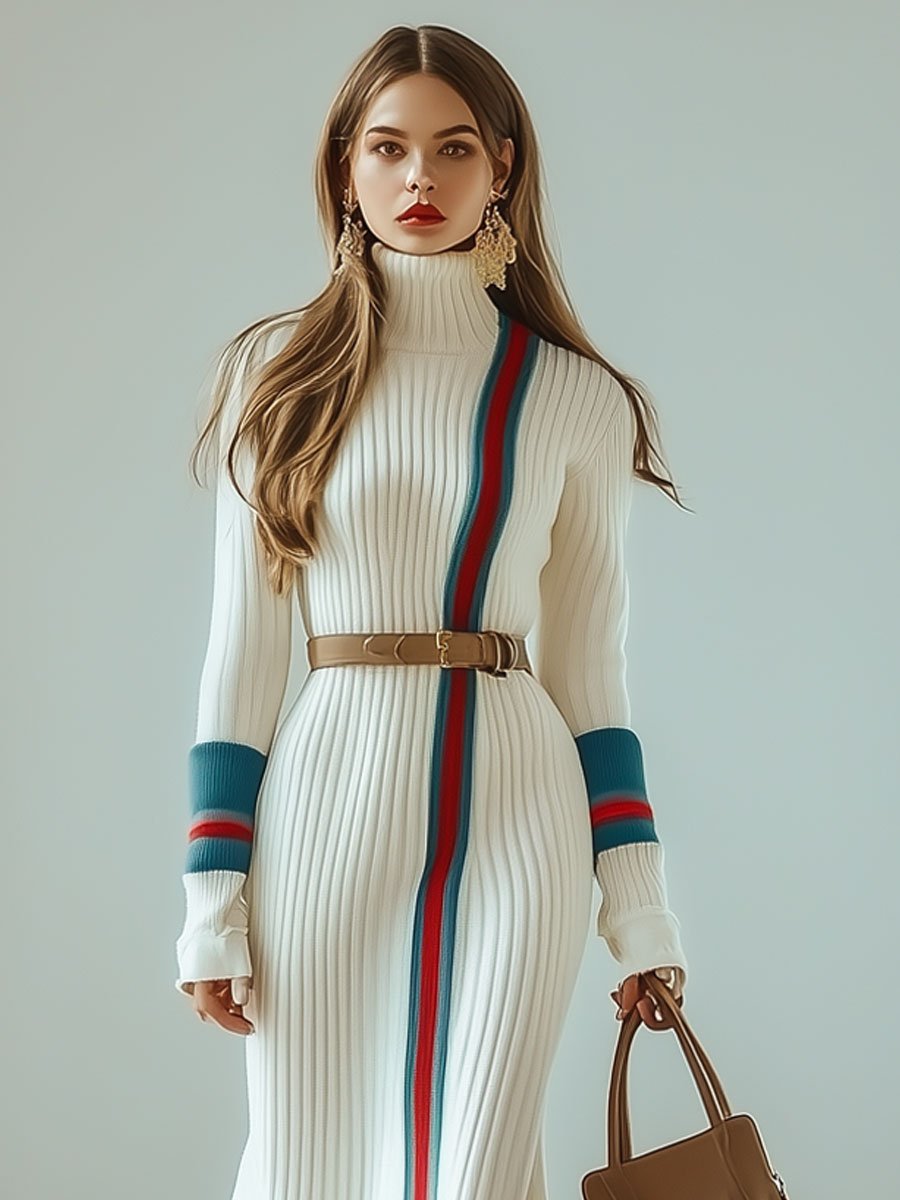 Fashion Retro Red And Blue Striped Long Sleeve High Collar Knitted Midi Dress