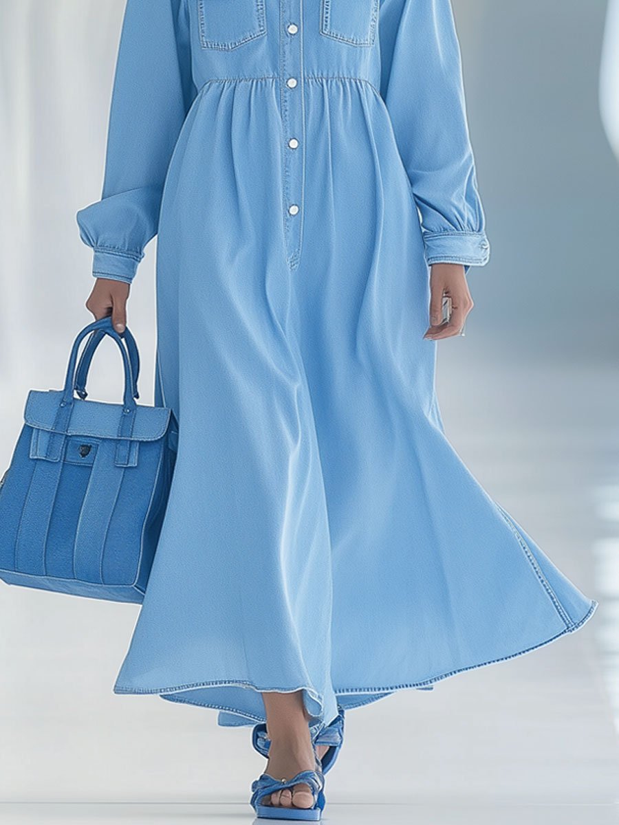 Casual Loose Blue Denim Long Sleeve Shirt Vacation Maxi Dress