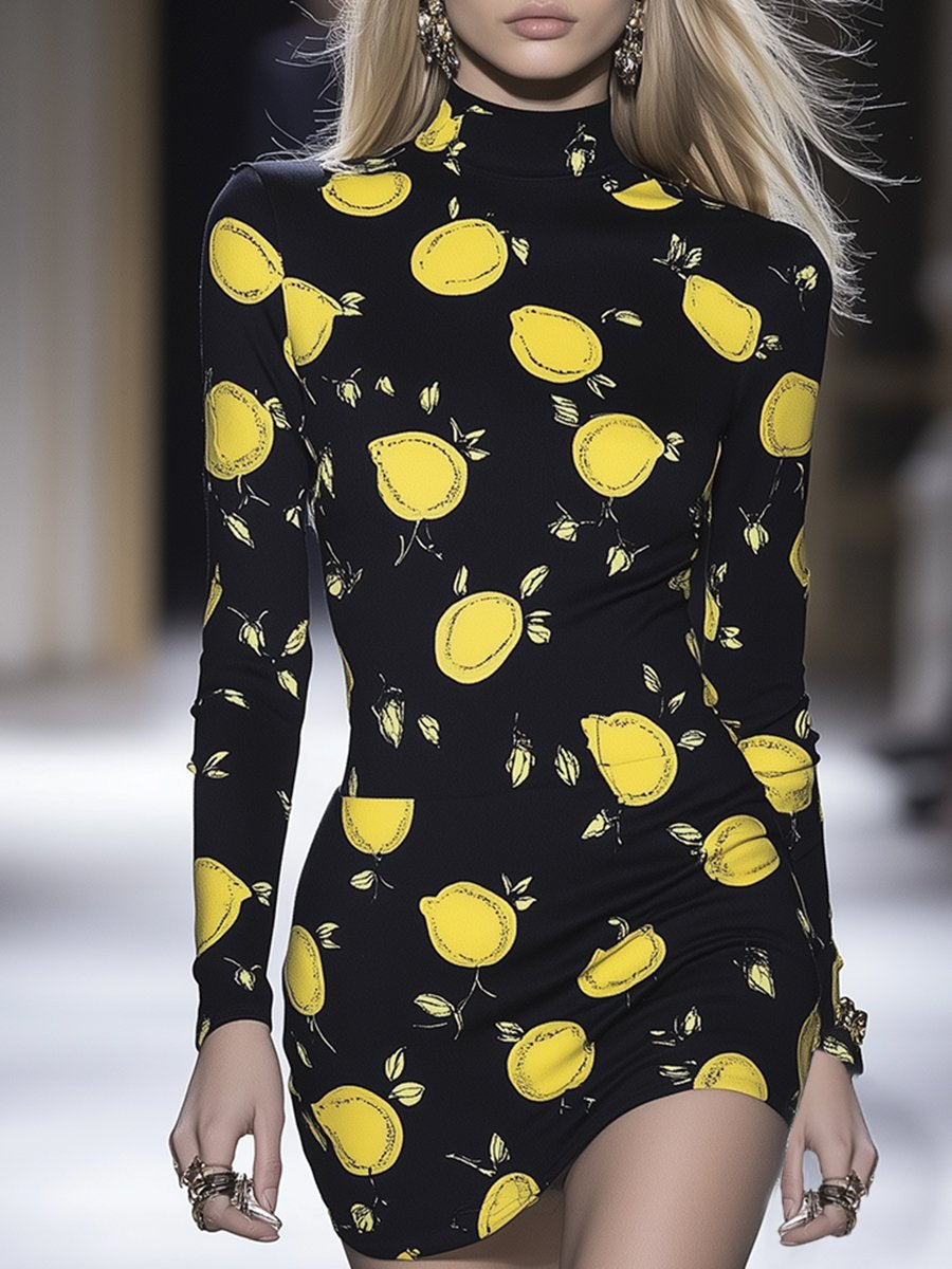 Casual Chic Lemon Print Turtleneck Mini Dress