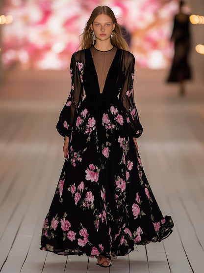 Romantic Illusion Neck Collar Printed Black Chiffon Puff Sleeve Maxi Dress