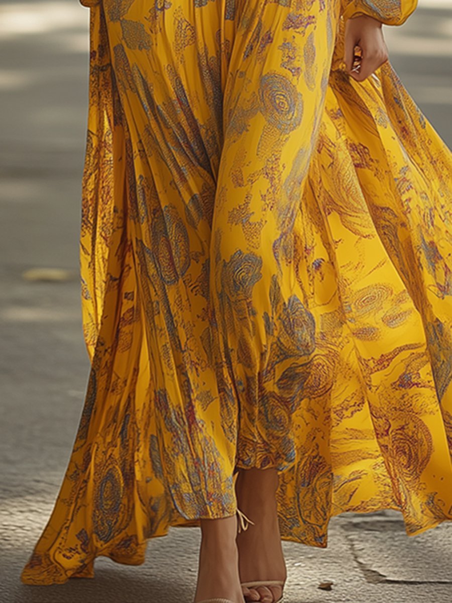 Retro Fashion V-Neck Paisley Print Yellow Maxi Dress